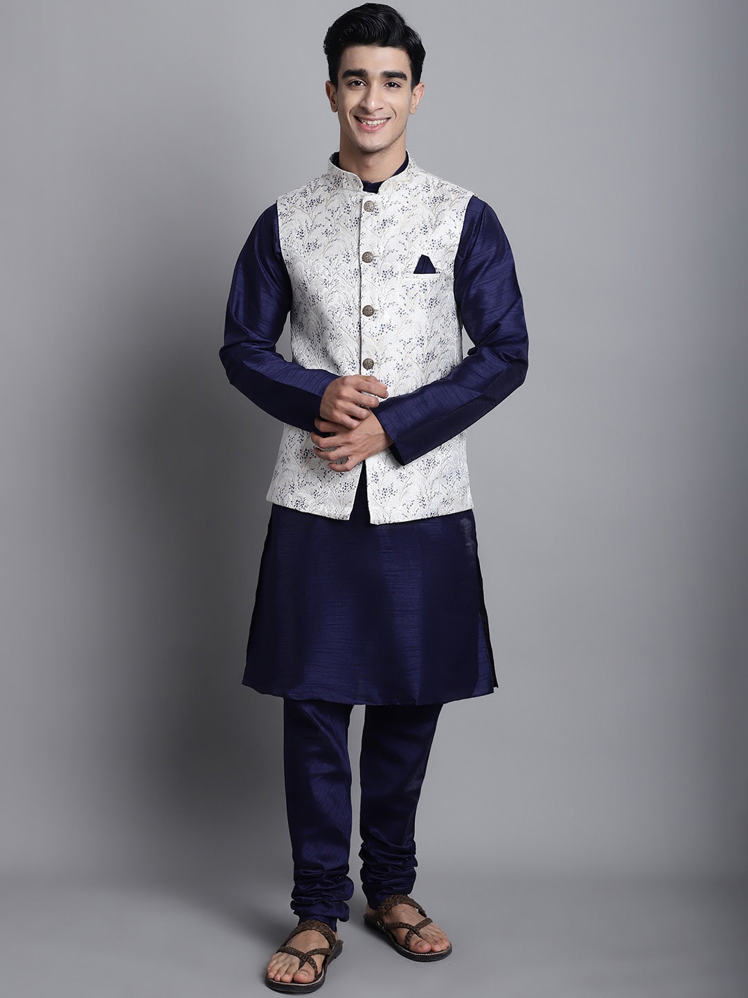 

Armaan Ethnic Band Collar Long Sleeves Dupion Silk Kurta With Churidar & Nehru jacket, Blue