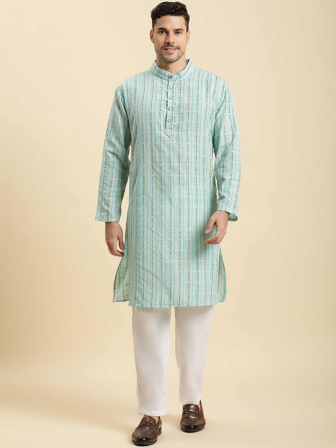 

Kannan Striped Band Collar Pure Cotton Straight Kurta with Trouser, Blue