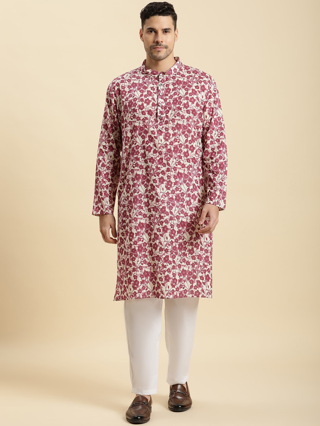 

Kannan Floral Printed Band Collar Pure Cotton Straight Kurta with Trouser, Cream