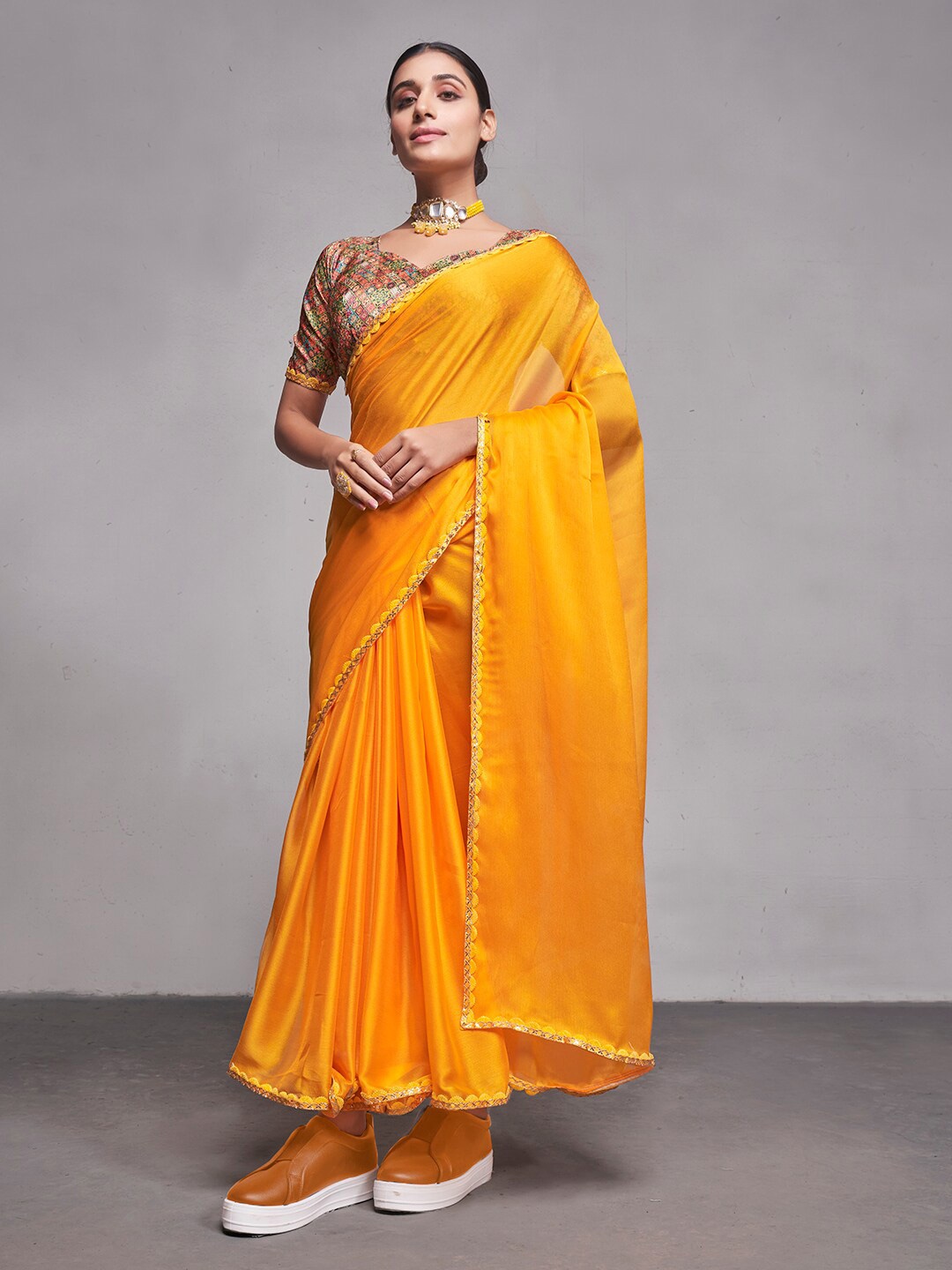 

Mitera Yellow & Gold-Toned Pure Georgette Saree