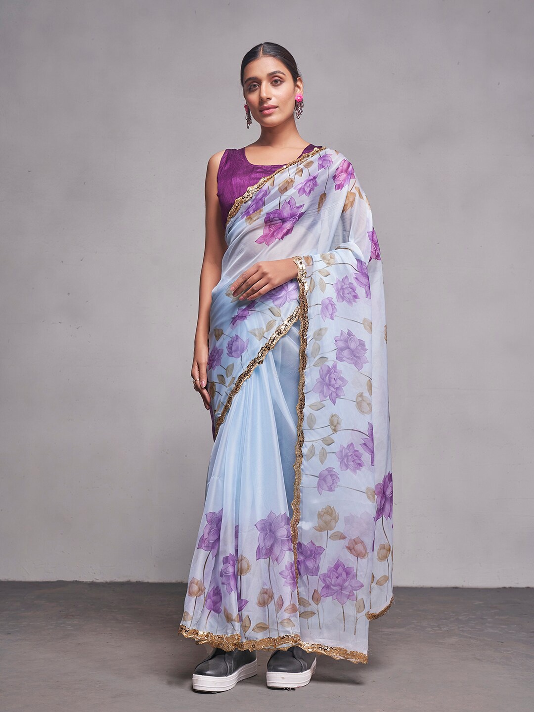 

Mitera Blue & Purple Floral Printed Sequinned Organza Saree