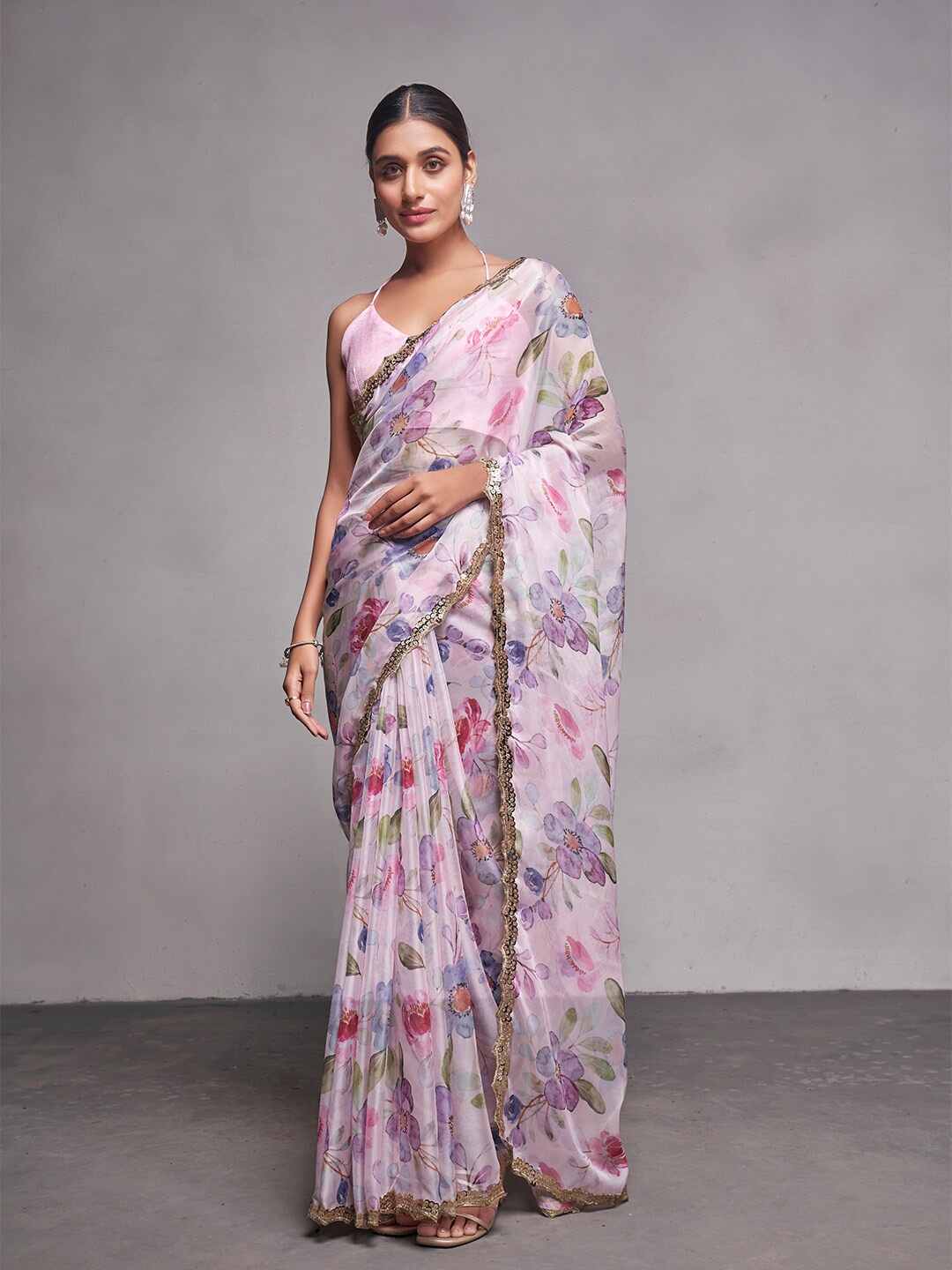 

Mitera Pink & Green Floral Printed Sequinned Organza Saree