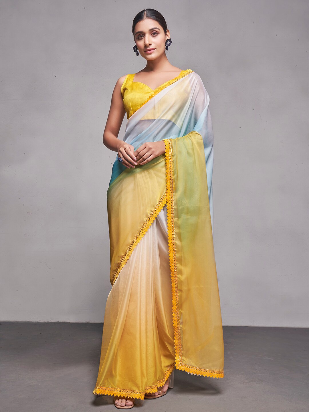 

Mitera Yellow & Blue Colourblocked Organza Party Saree