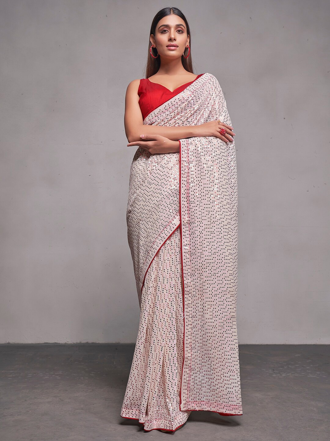 

Mitera Cream-Coloured & Red Embellished Sequinned Pure Georgette Party Saree