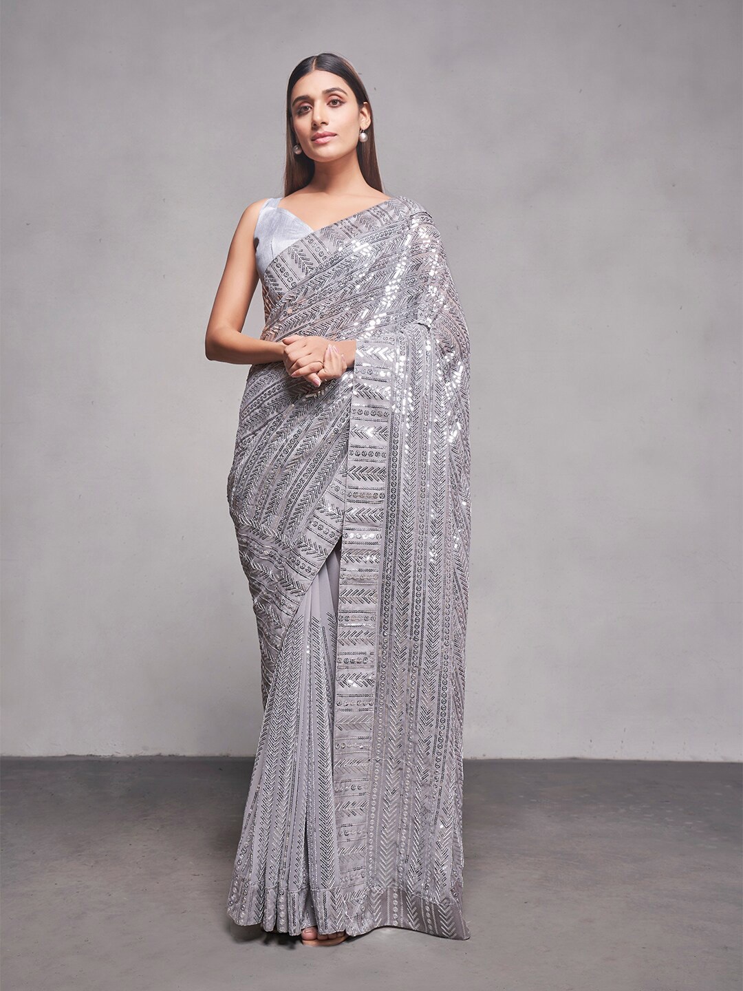 

Mitera Grey Embellished Sequinned Pure Georgette Party Saree