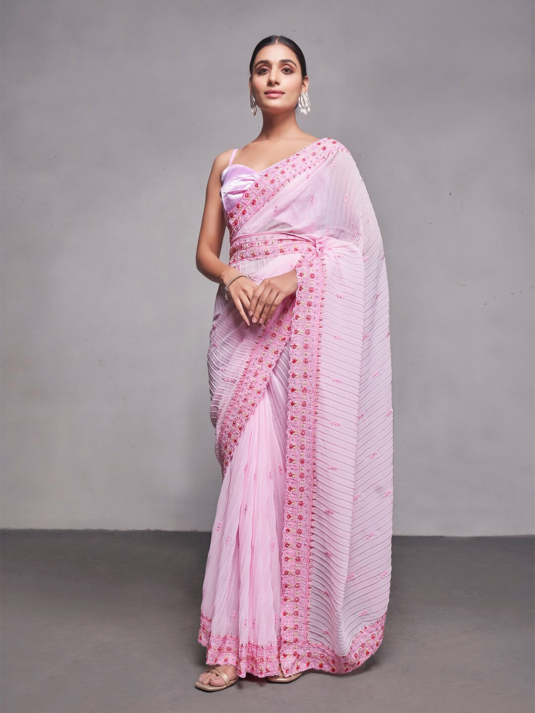 

Mitera Pink & Red Ethnic Motifs Embroidered Pure Georgette Saree