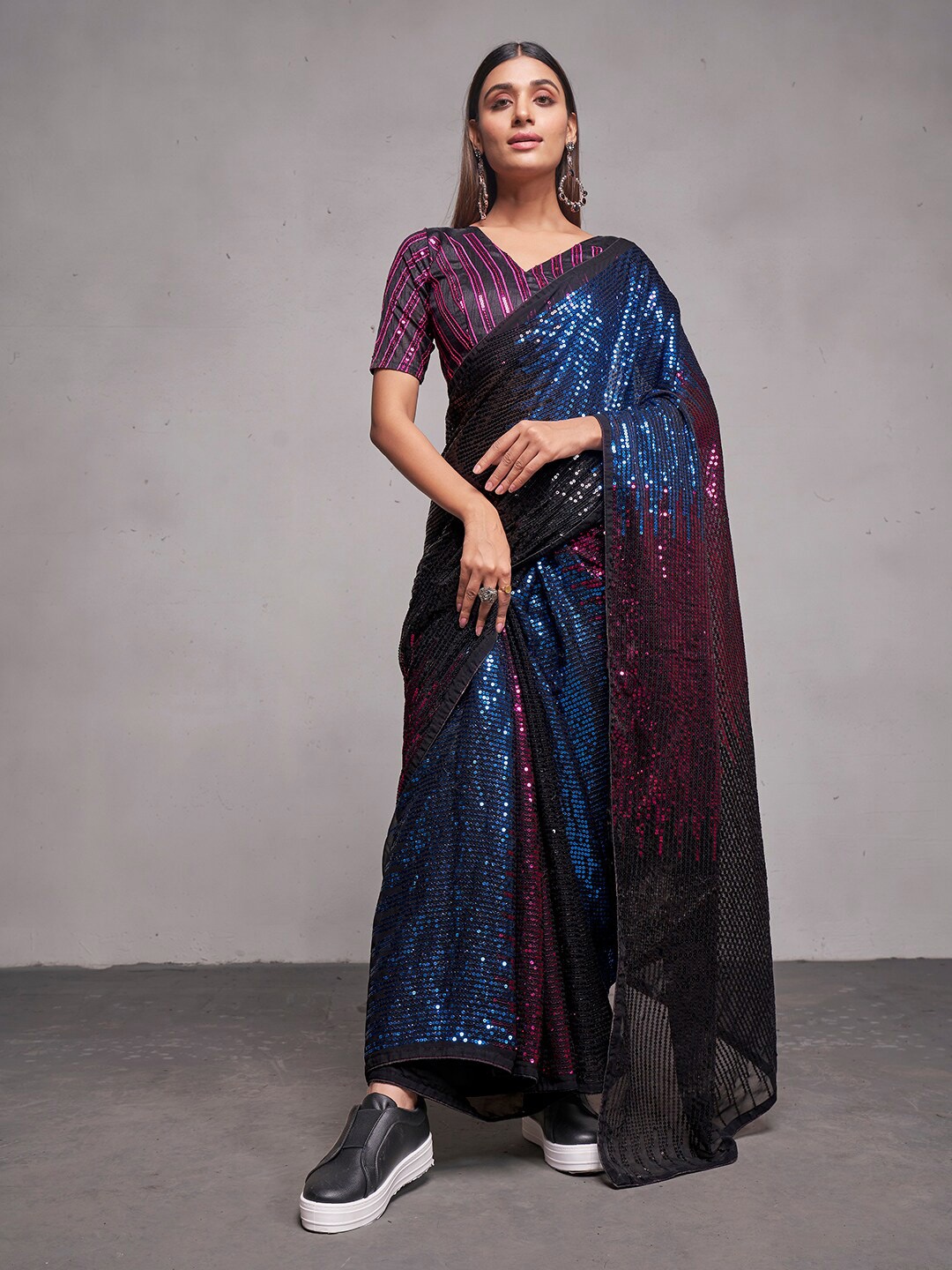 

Mitera Embellished Sequinned Pure Georgette Saree, Black
