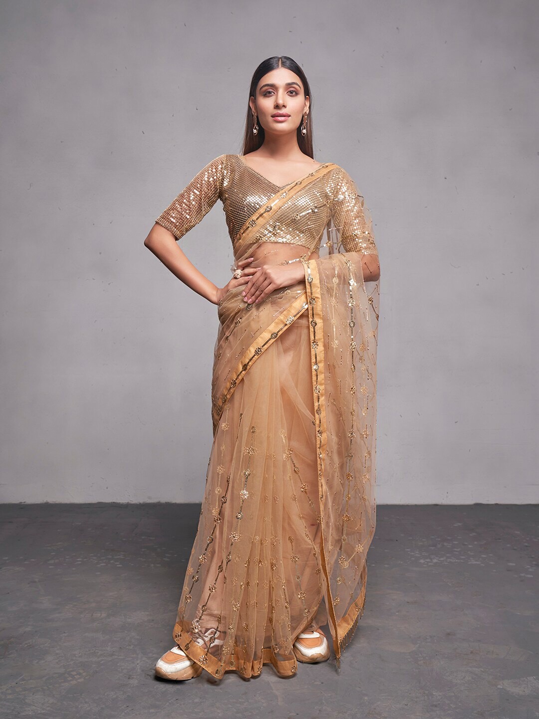 

Mitera Embellished Sequinned Net Saree, Beige