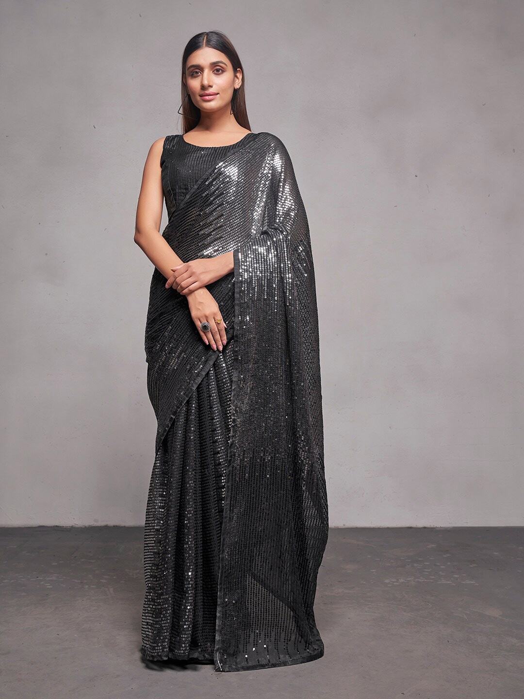 

Mitera Embellished Sequinned Pure Georgette Saree, Black