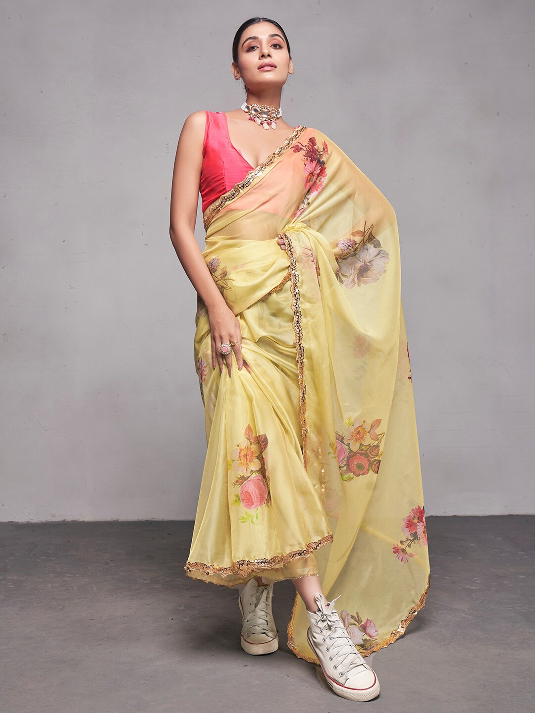 

Mitera Floral Printed Organza Saree, Lime green