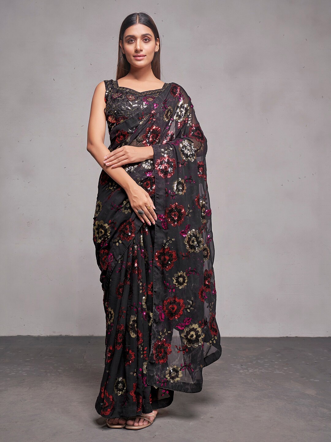 

Mitera Floral Embellished Sequinned Pure Georgette Saree, Black