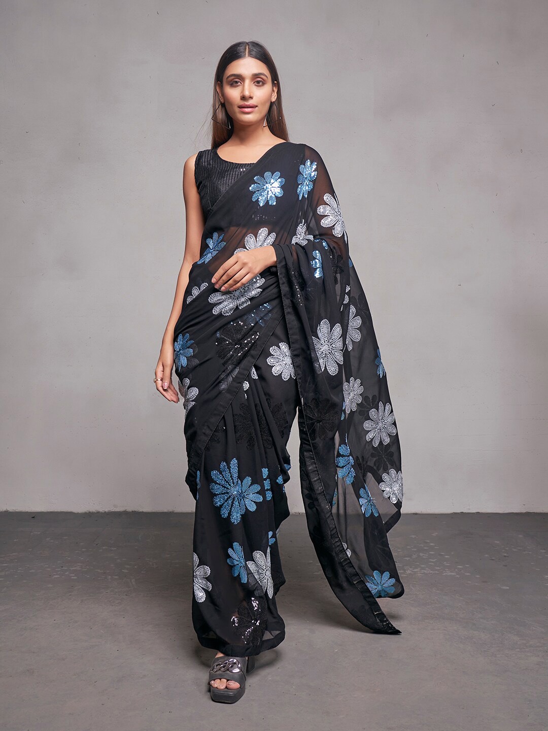 

Mitera Embellished Sequinned Pure Georgette Saree, Black