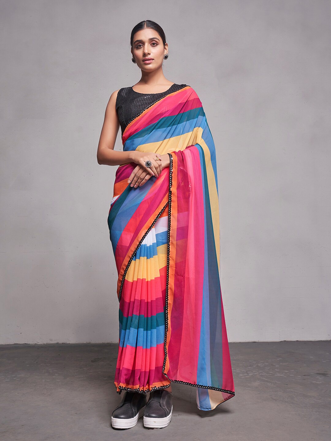 

Mitera Pink & Blue Striped Pure Georgette Saree