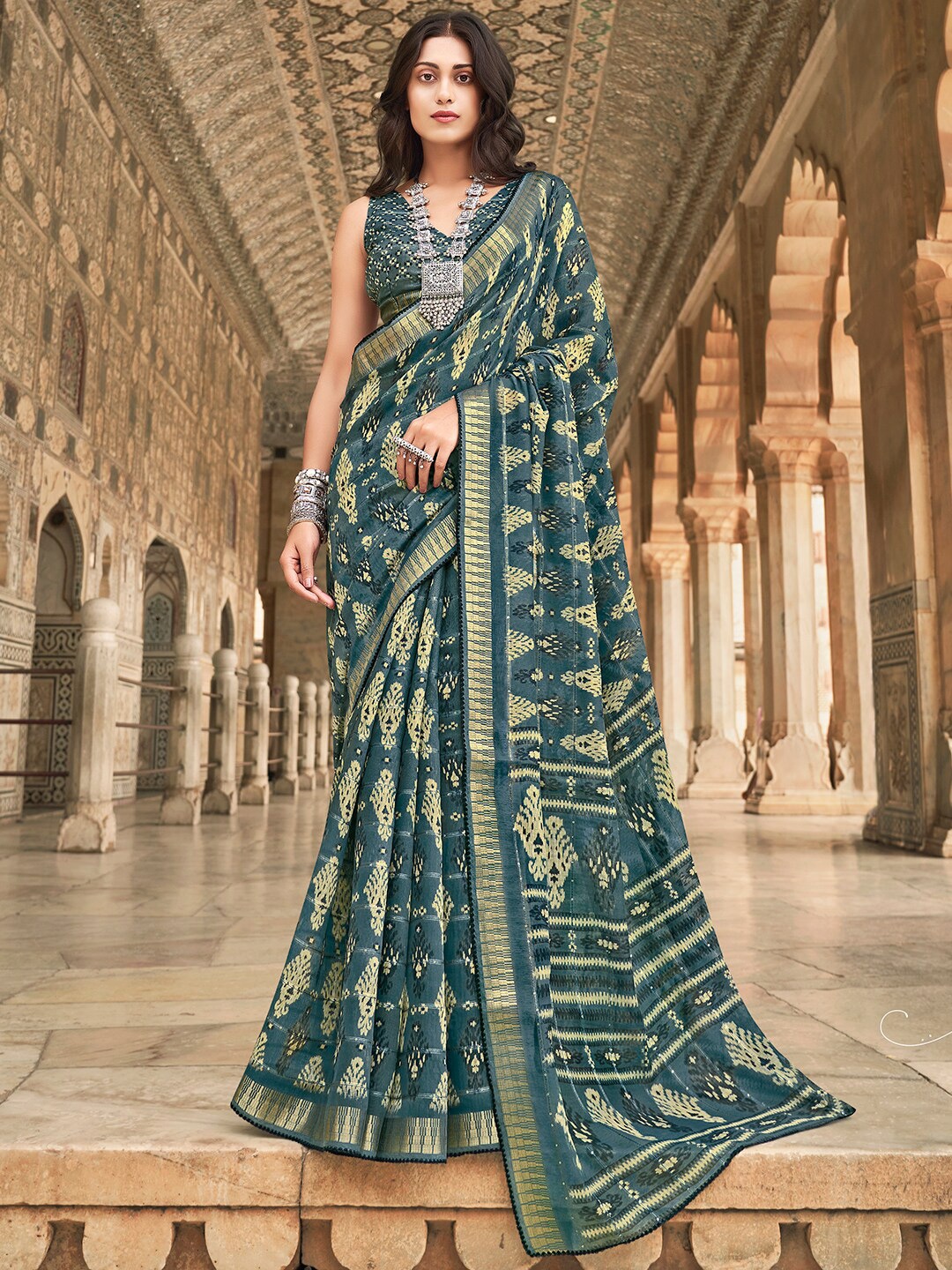

SANSKAR Batik Printed Zari Pure Cotton Saree, Sea green