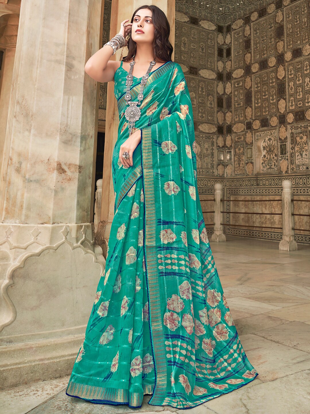 

SANSKAR Floral Printed Zari Pure Cotton Saree, Green