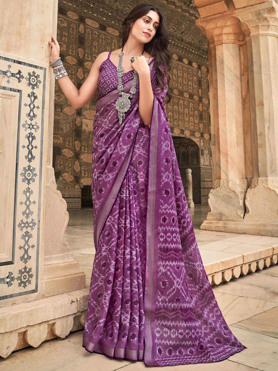 

SANSKAR Batik Printed Zari Pure Cotton Saree, Purple