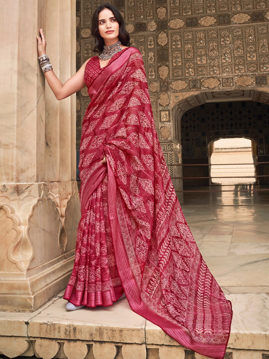 

SANSKAR Ethnic Motifs Printed Zari Pure Cotton Saree, Maroon