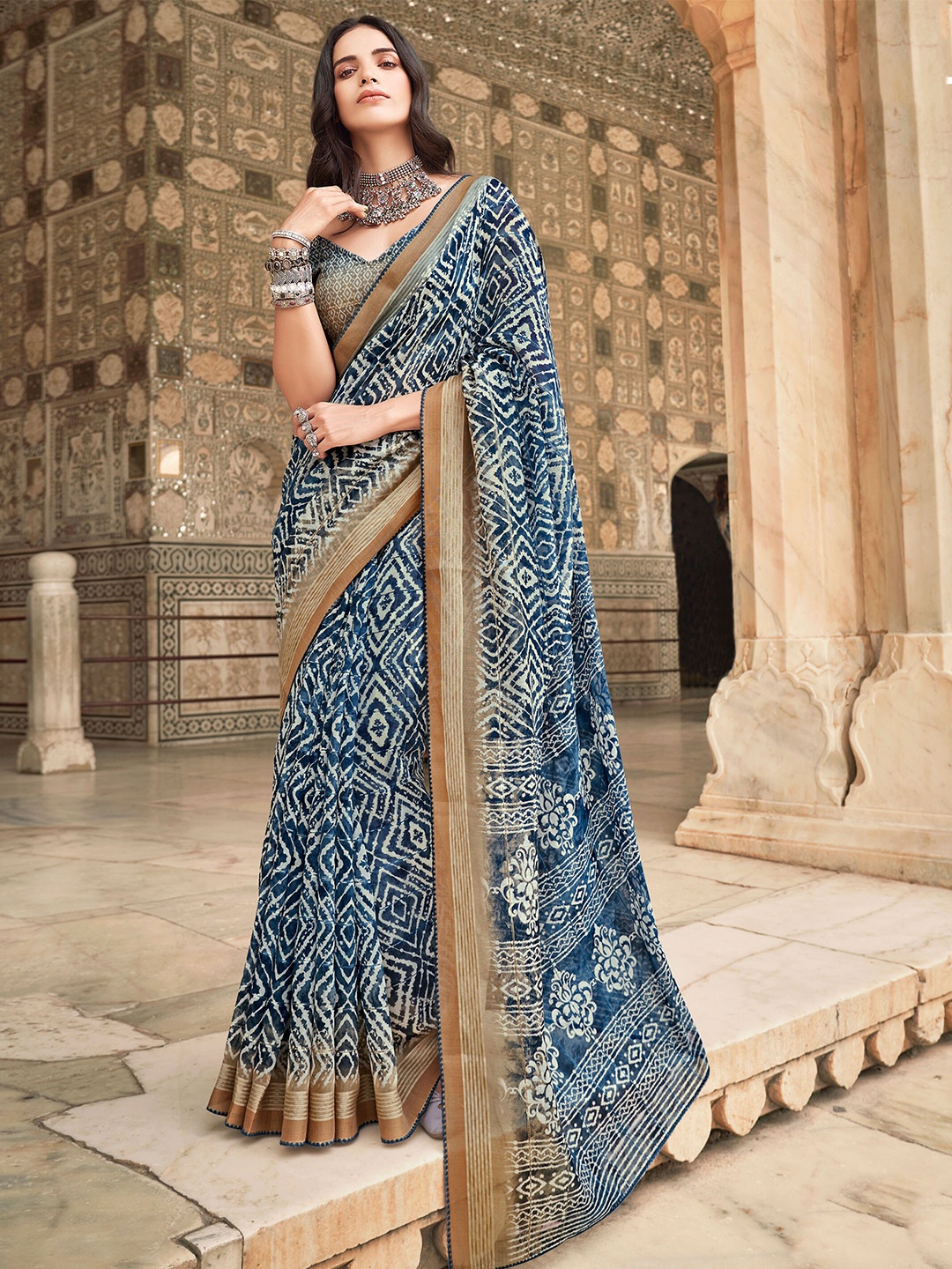 

SANSKAR Batik Printed Zari Pure Cotton Saree, Blue