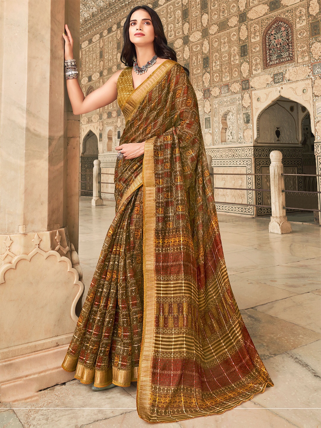 

SANSKAR Abstract Printed Zari Pure Cotton Saree, Yellow