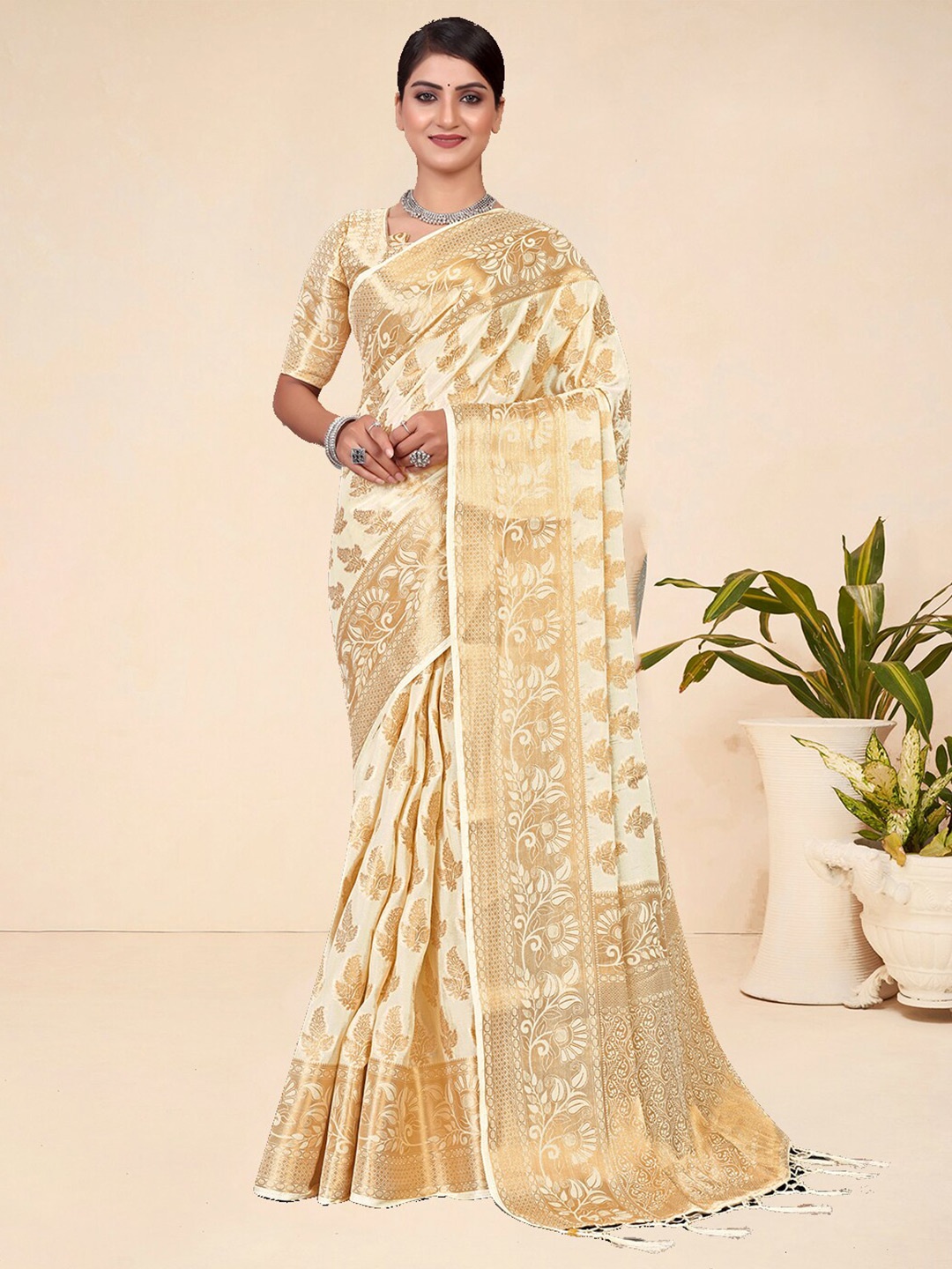 

Mitera Cream & Gold-Toned Ethnic Motifs Woven Design Zari Banarasi Saree