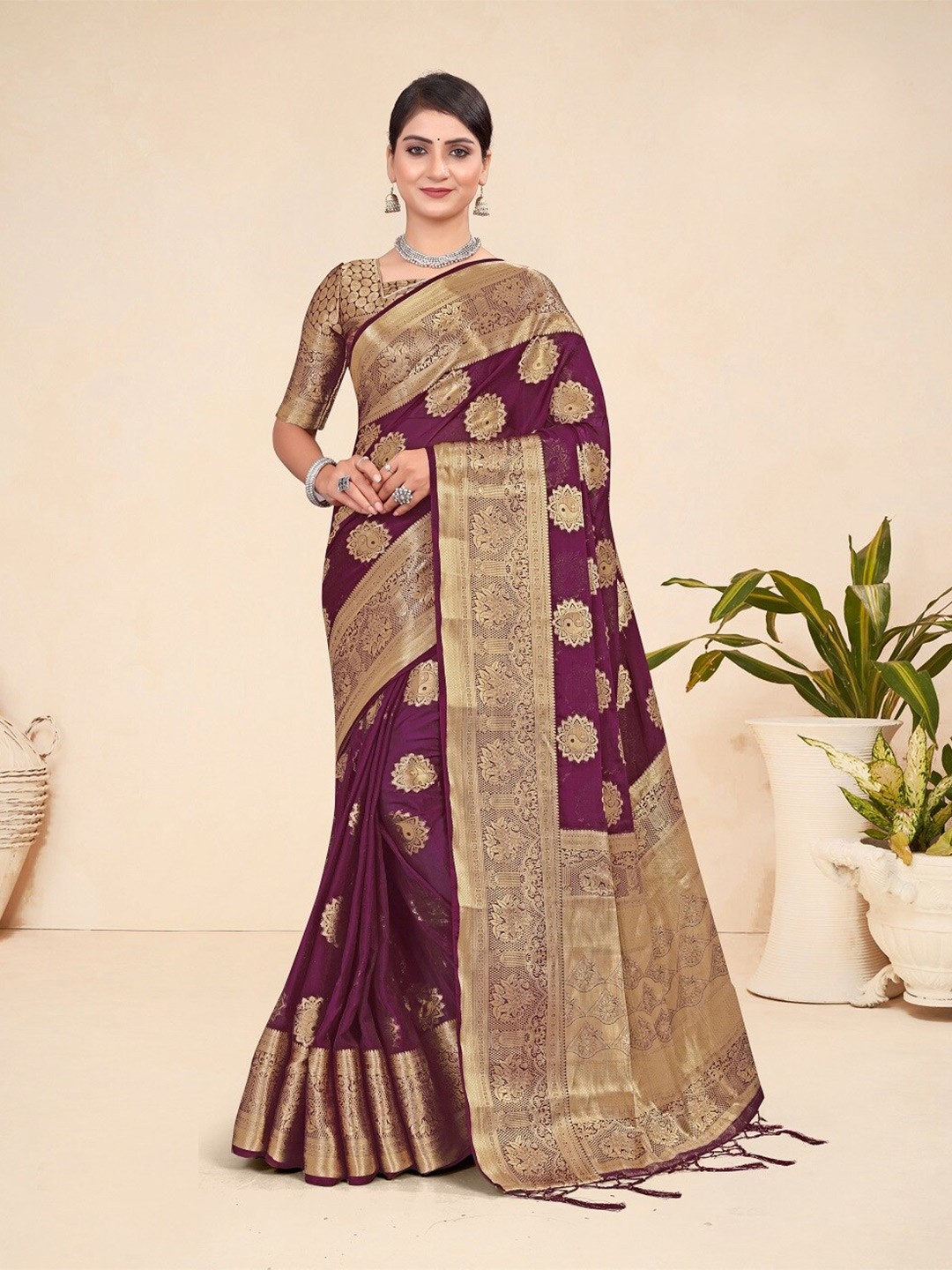 

Mitera Ethnic Motifs Woven Design Zari Banarasi Saree, Purple