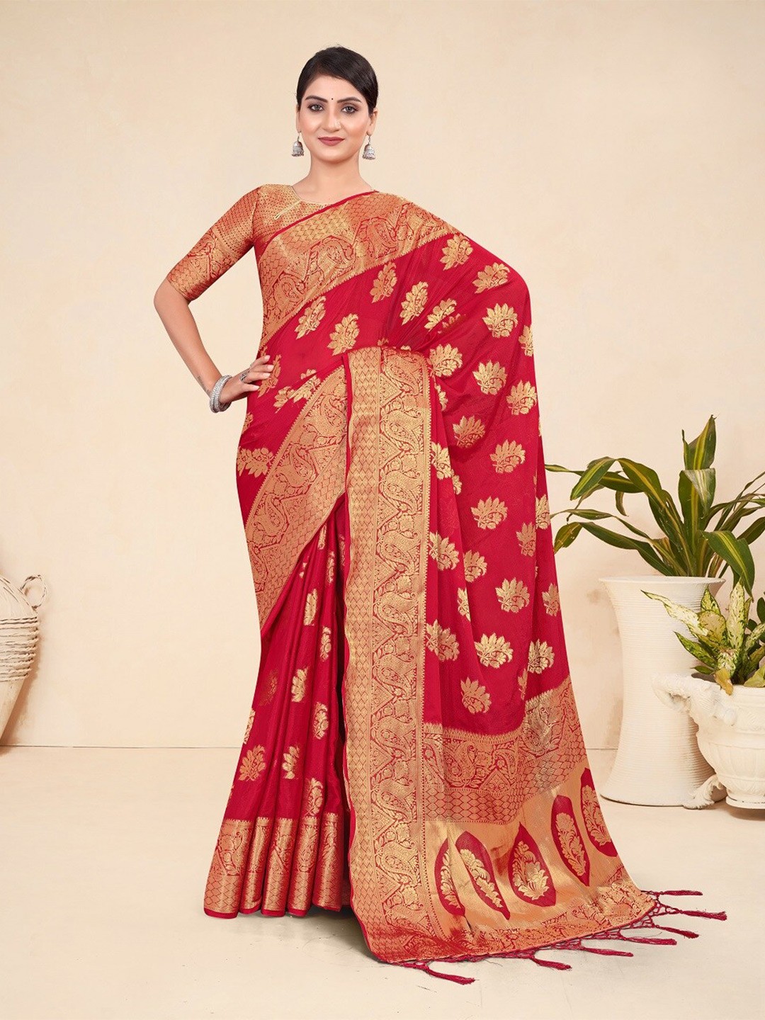 

Mitera Red & Gold-Toned Ethnic Motif Woven Design Zari Banarasi Saree