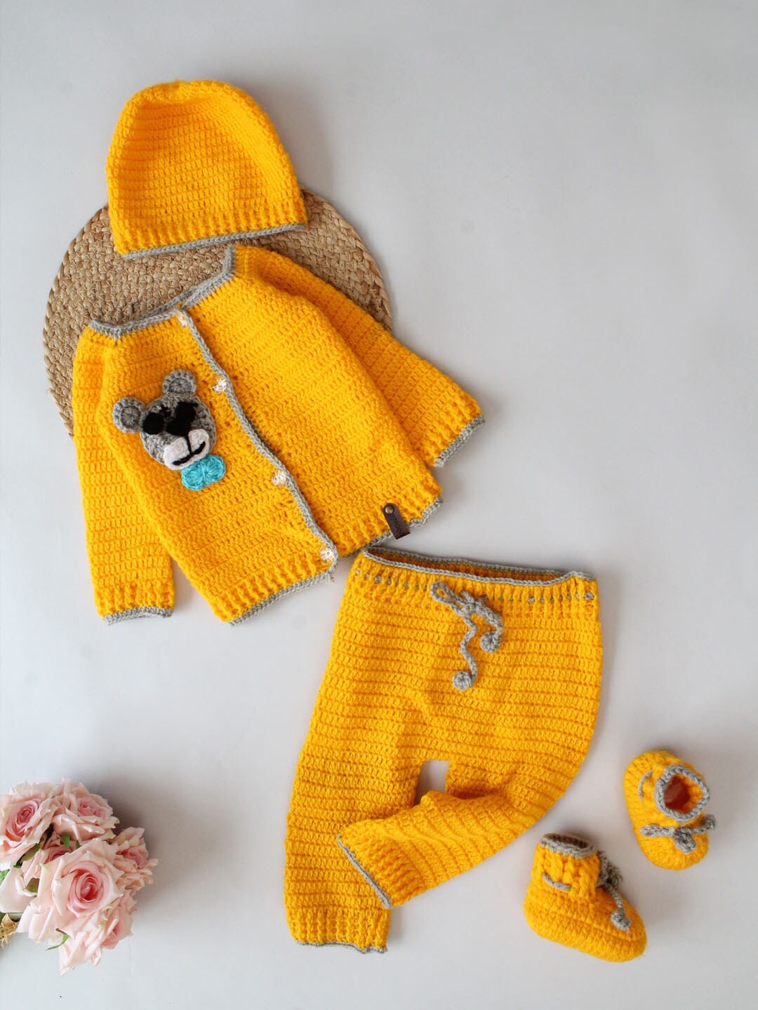 

Woonie Kids Self Design Crochet Shirt with Pyjamas & Caps, Yellow