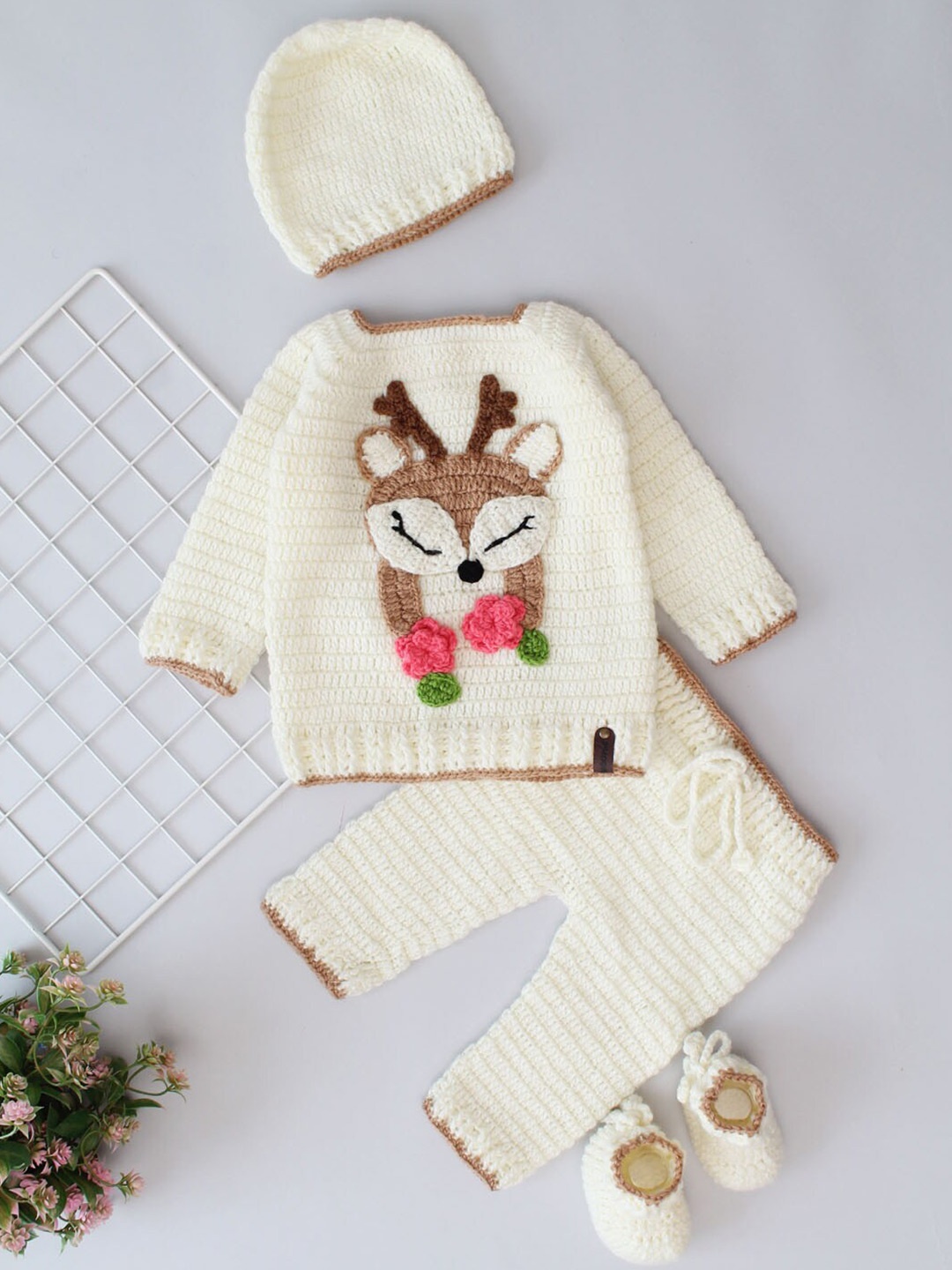 

Woonie Infants Self Design Square Neck Crochet Sweater & Pyjamas With Cap & Boots, Cream