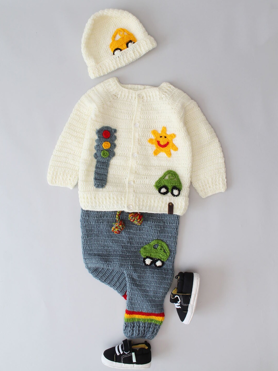 

Woonie Infants Self Design Crochet Traffic Theme Sweater & Pyjamas With Cap, Cream