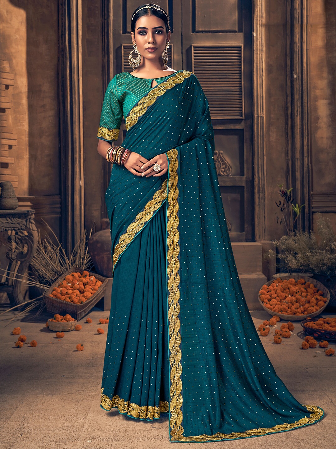 

SANSKAR Embellished Beads and Stones Saree, Blue