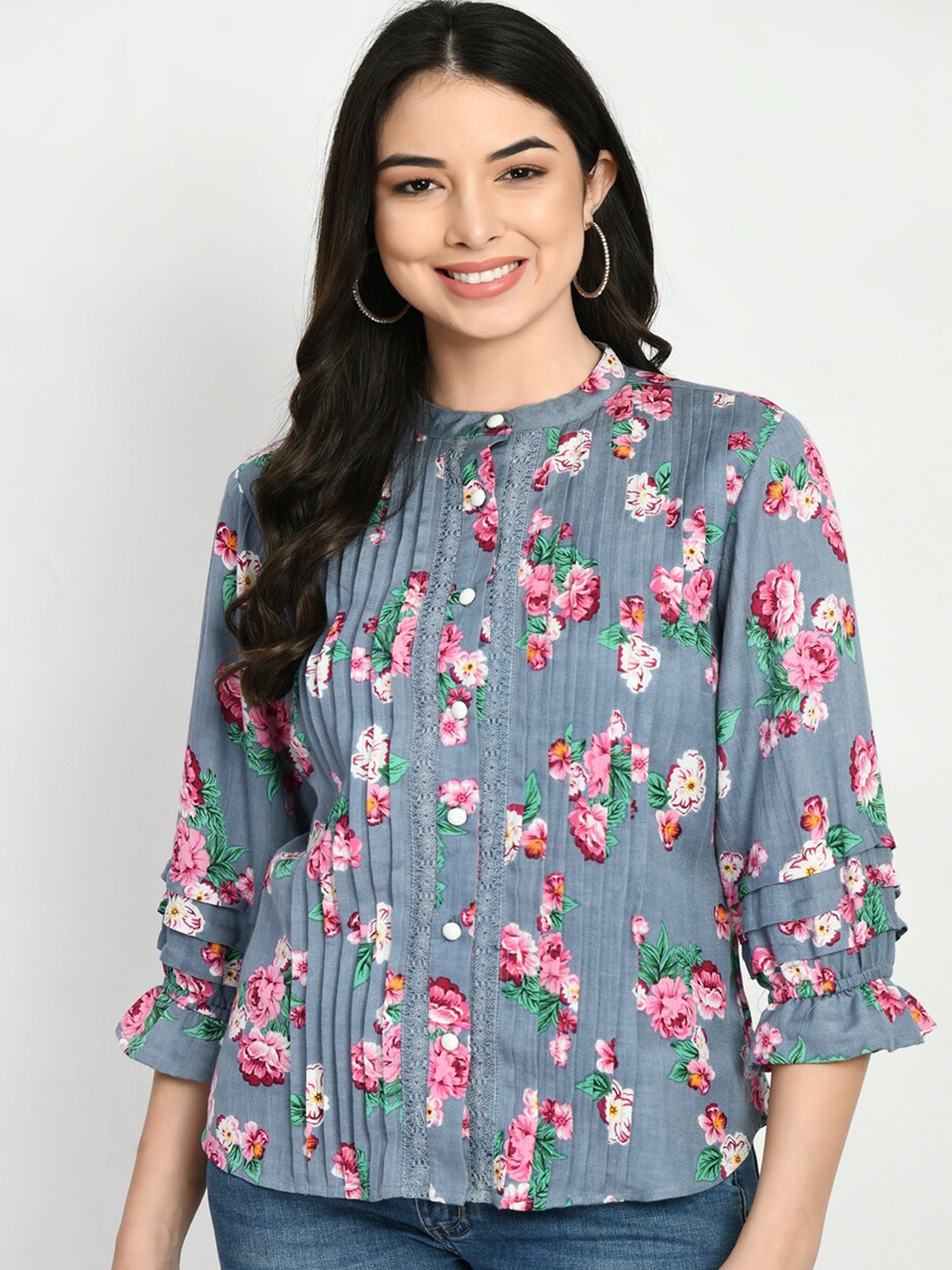 

DressBerry Blue Floral Printed Mandarin Collar Top