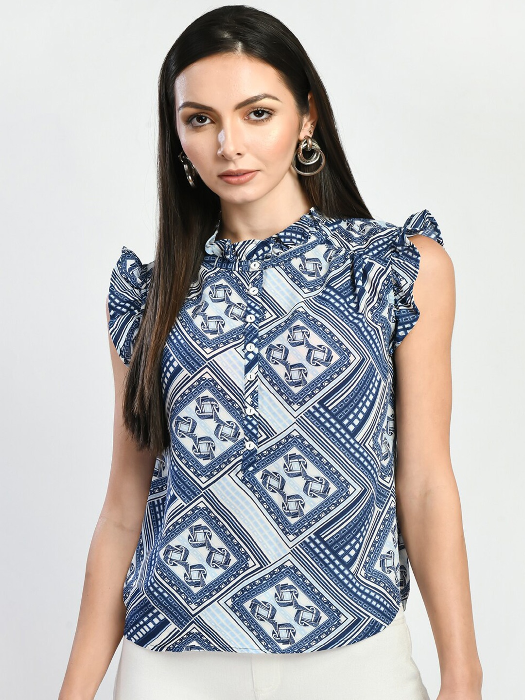 

DressBerry Blue Geometric Printed Band Collar Flutter Sleeve Top, Black