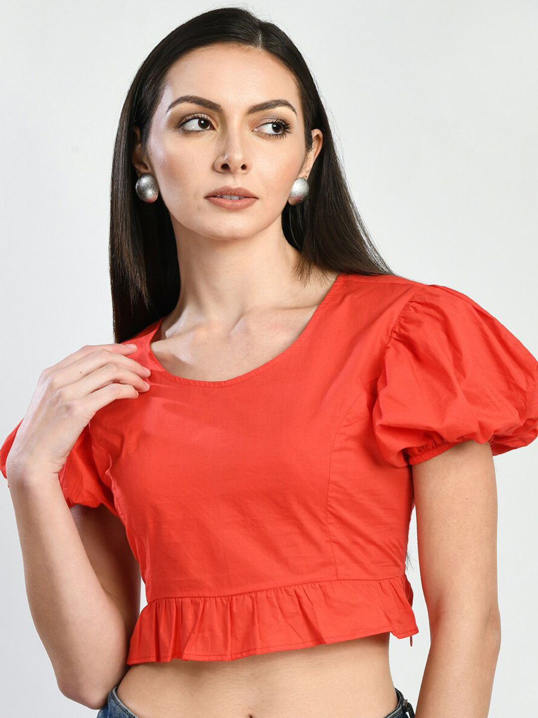 

DressBerry Orange Puff Sleeve Cotton Crop Regular Top