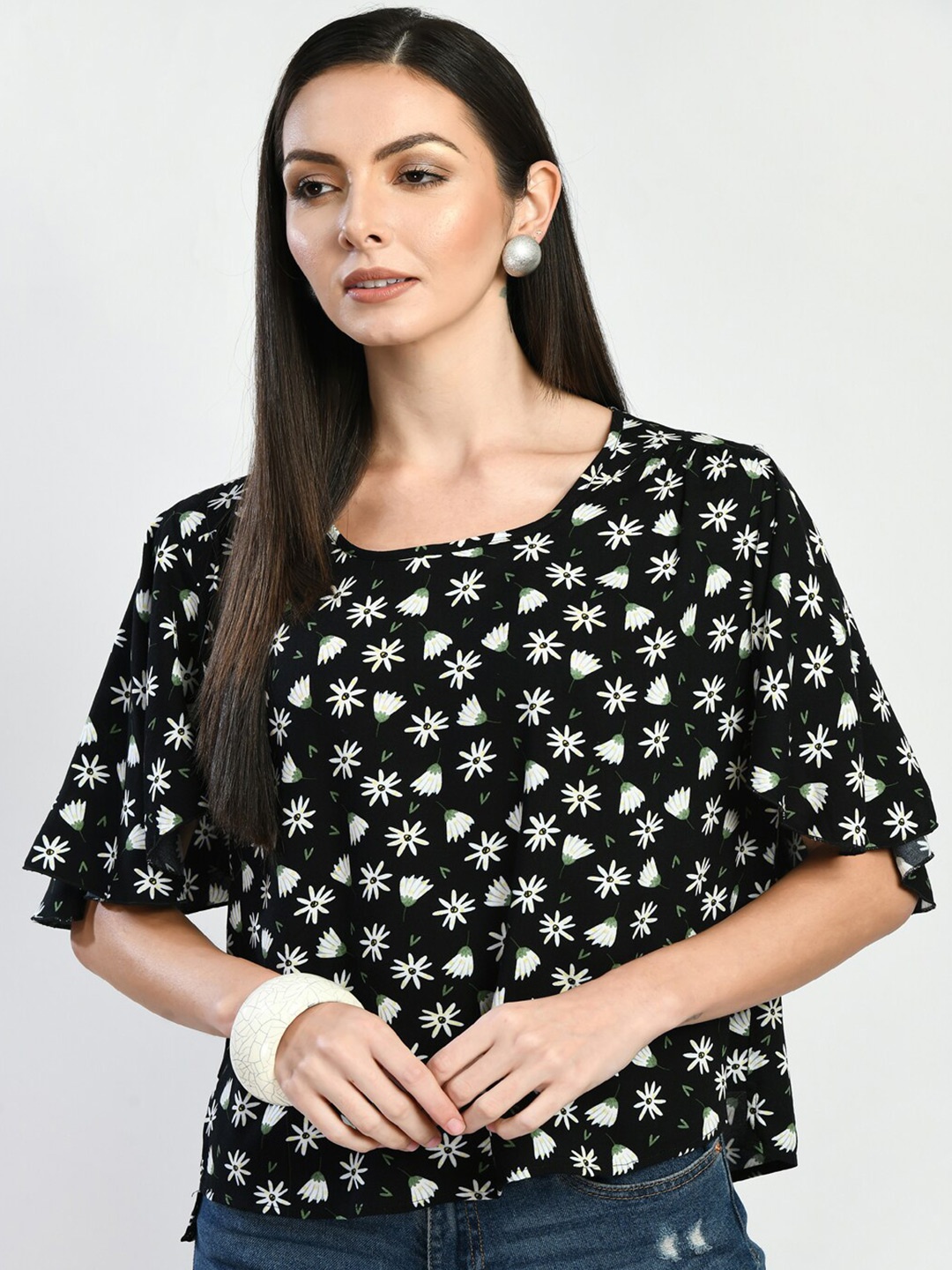

DressBerry Black Polka Dot Printed Flared Sleeves Regular Top