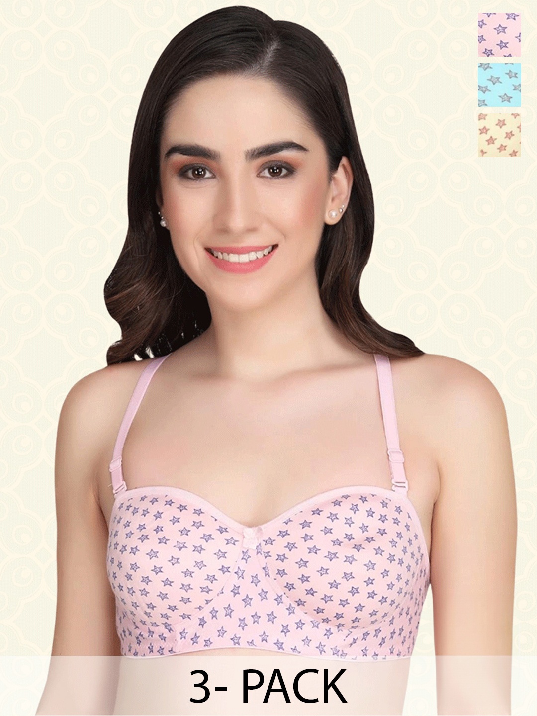 

ACCEZORY Pack Of 3 Printed Medium Coverage T-shirt Bras With All Day Comfort, Pink