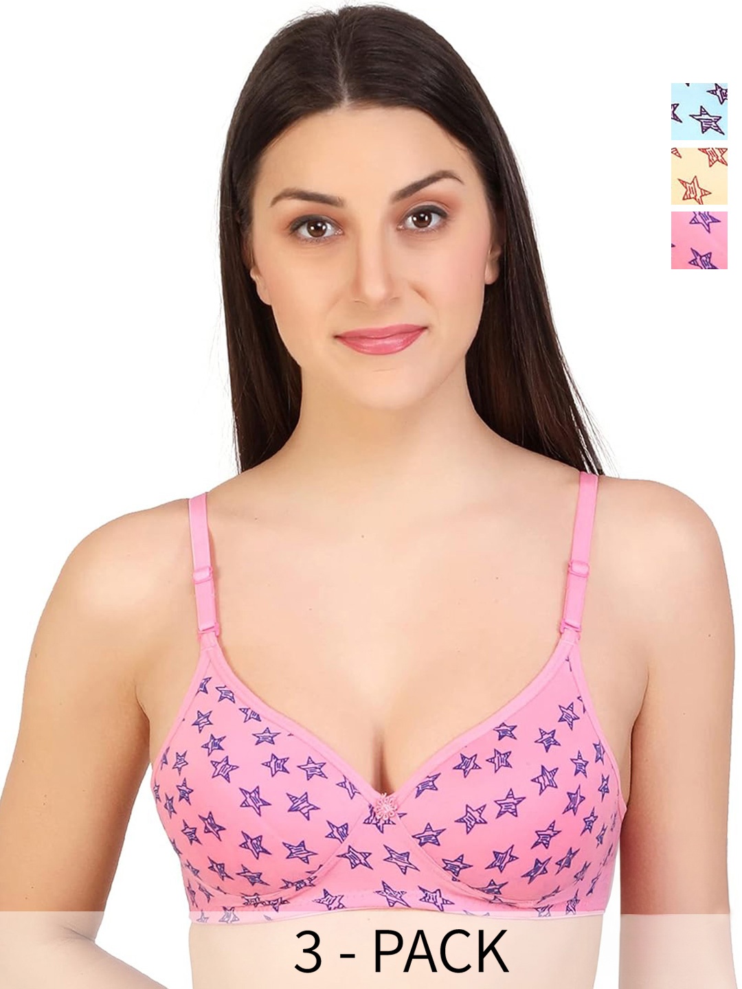 

ACCEZORY Pack of 3 Geometric Medium Coverage Lightly Padded Bra With All Day Comfort, Blue