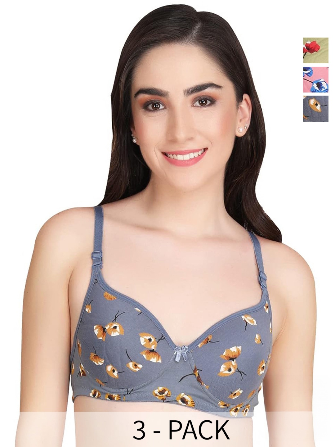 

ACCEZORY Pack Of 3 Floral Printed Medium Coverage Lightly Padded Bra With All Day Comfort, Blue