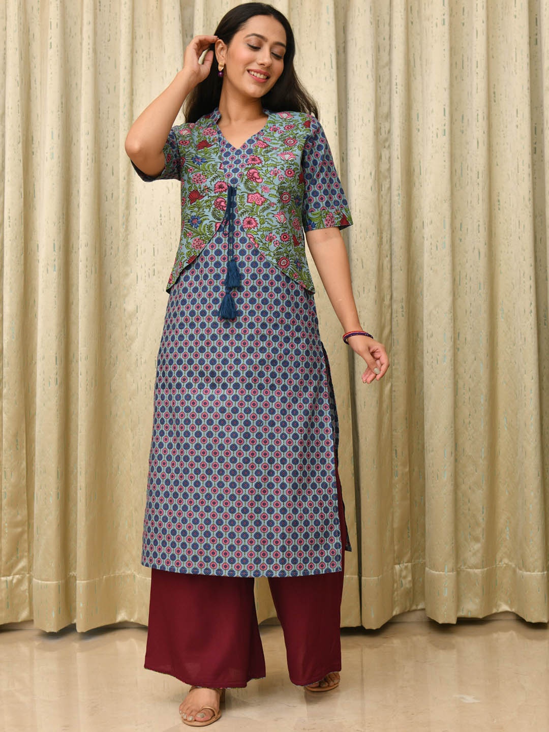 

Aaheli Ethnic Motifs Printed Regular Pure Cotton Kurta With Palazzos, Blue