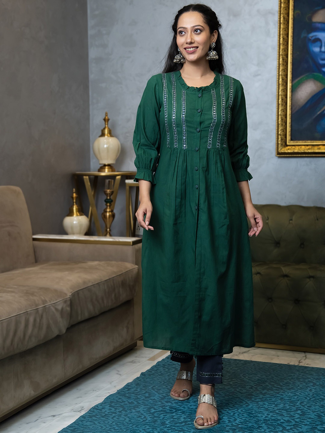 Aaheli Mirror Work Embroidered Pleated Pure Cotton Kurta With Trousers, Green
