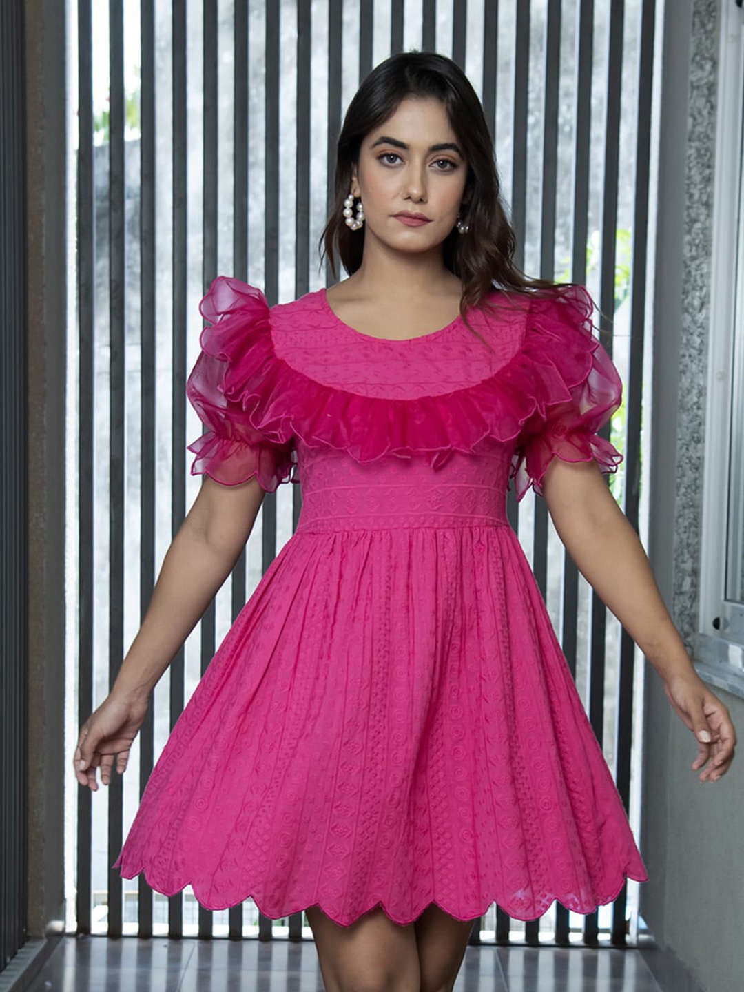 

Aaheli Puff Sleeve Schiffli Cotton Fit & Flare Dress, Fuchsia