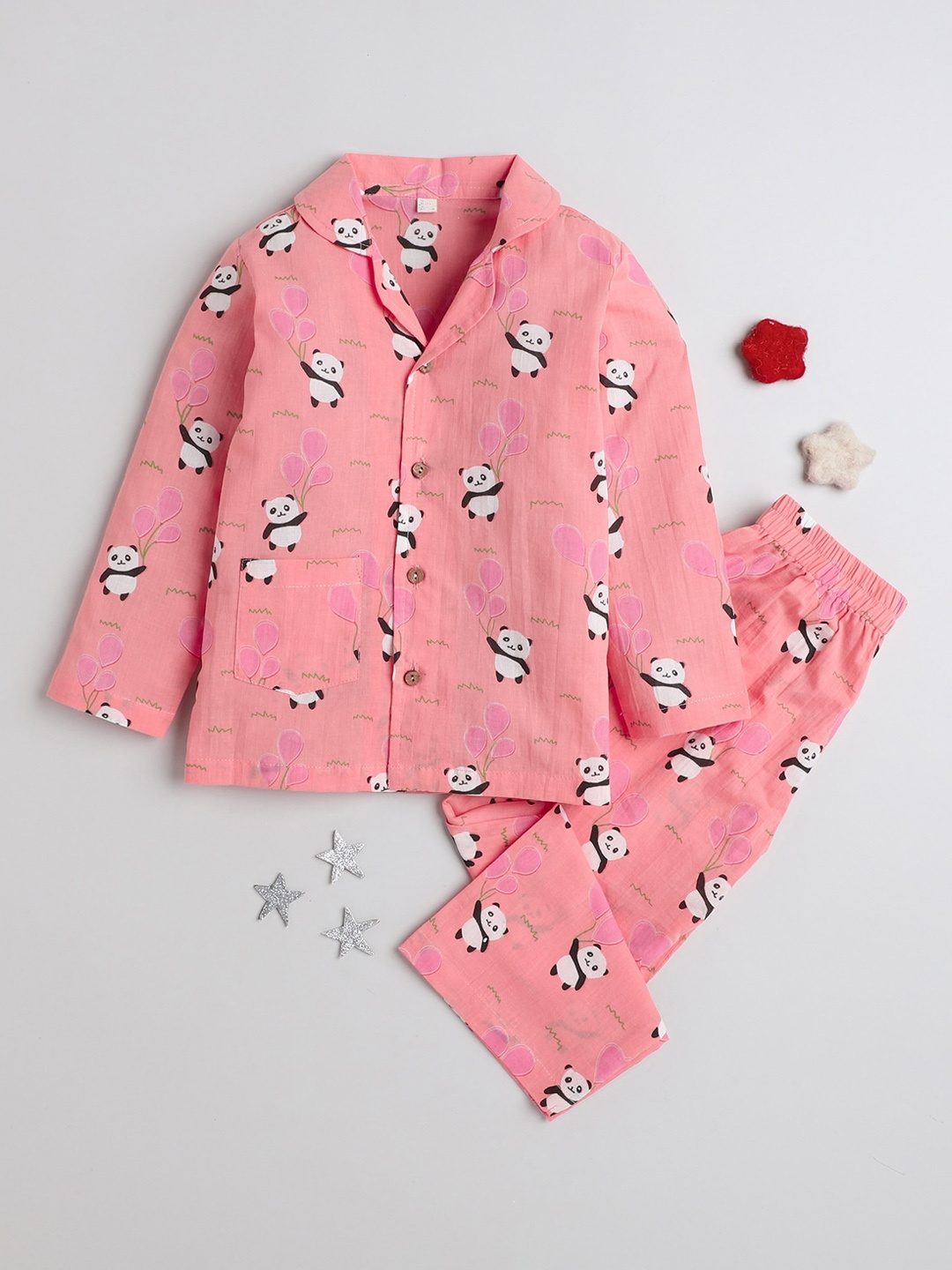 

The Magic Wand Kids Printed Lapel Collar Pure Cotton Night suit, Peach