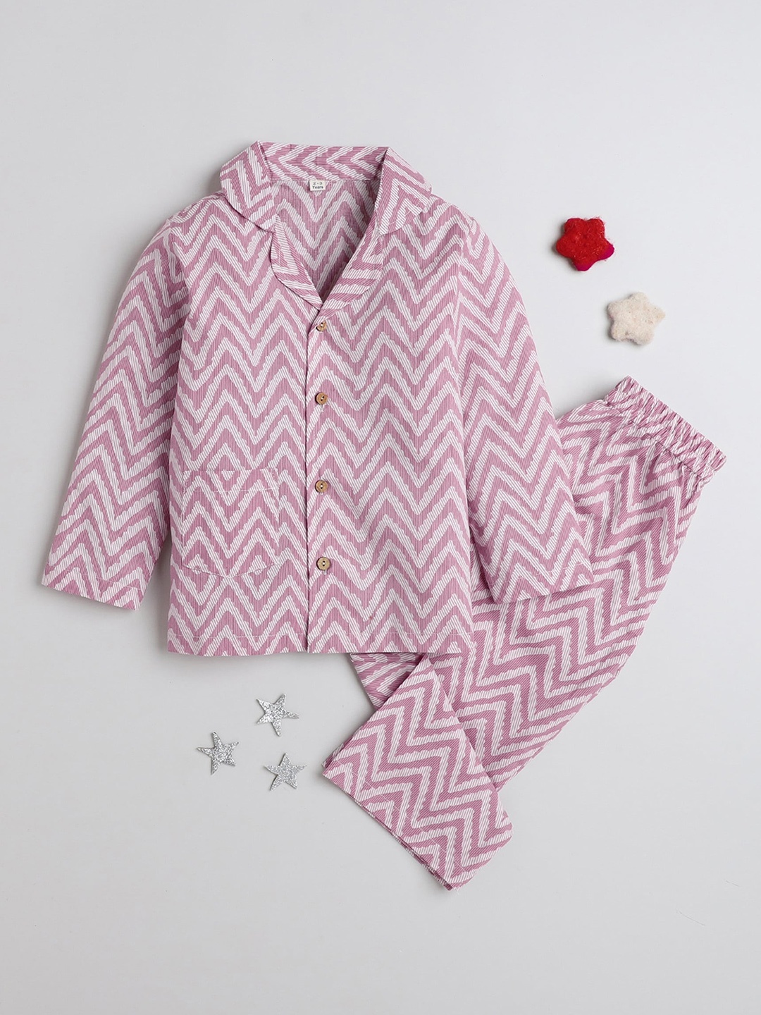 

The Magic Wand Kids Printed Lapel Collar Pure Cotton Night suit, Pink