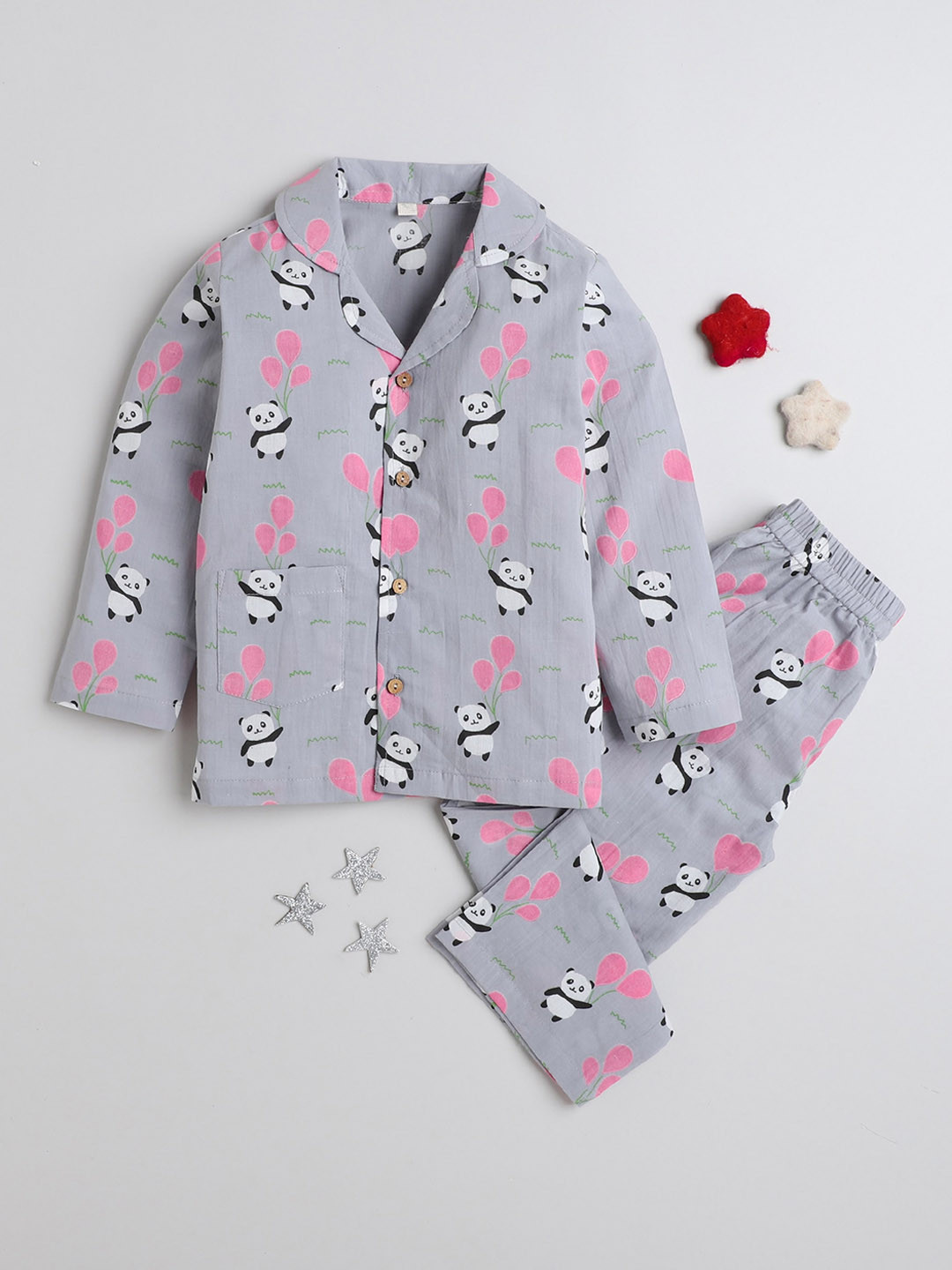 

The Magic Wand Kids Printed Lapel Collar Pure Cotton Night suit, Grey