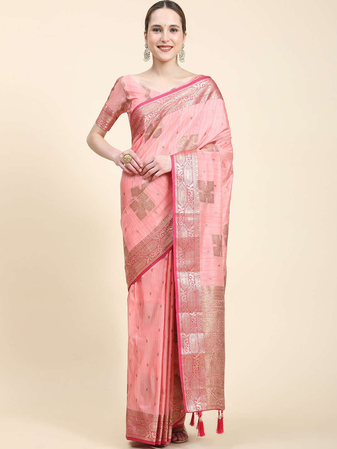 

Ekta Textiles Woven Design Zari Pure Silk Ready to Wear Banarasi Saree, Pink