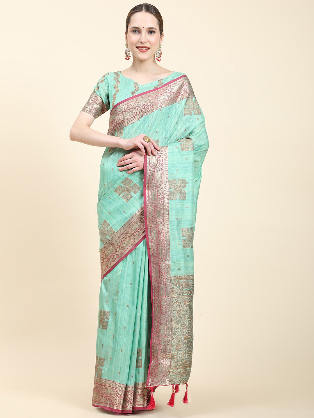 

Ekta Textiles Ethnic Motifs Woven Design Zari Detailed Pure Silk Banarasi Saree, Turquoise blue