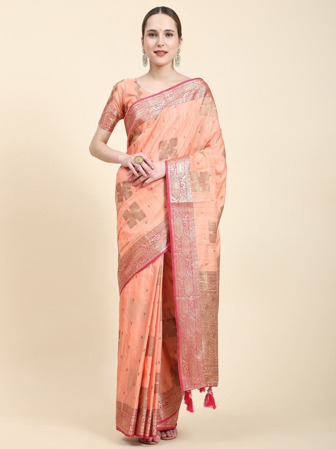 

Ekta Textiles Woven Design Zari Pure Silk Banarasi Saree, Peach