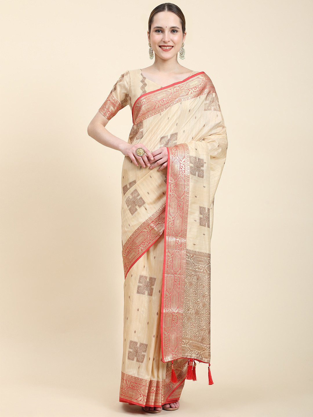

Ekta Textiles Woven Design Zari Pure Silk Banarasi Saree, Cream