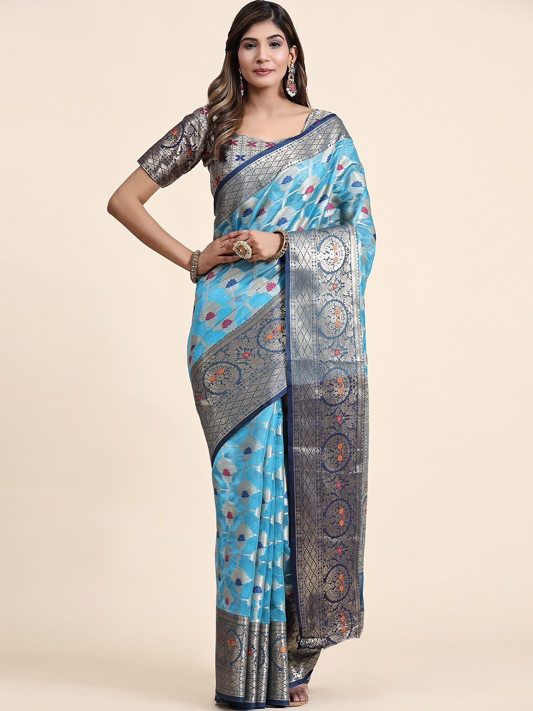 

Ekta Textiles Woven Design Zari Pure Silk Ready to Wear Banarasi Saree, Turquoise blue