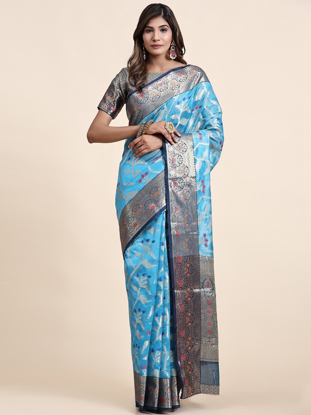 

Ekta Textiles Ethnic Motifs Woven Design Zari Detailed Pure Silk Banarasi Saree, Turquoise blue