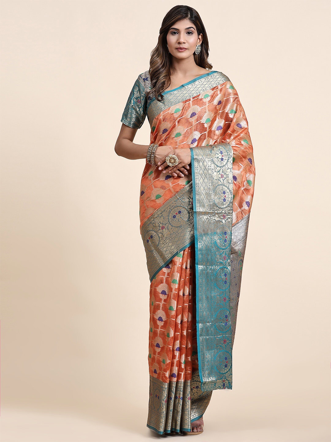 

Ekta Textiles Ethnic Motifs Woven Design Zari Pure Silk Banarasi Saree, Peach